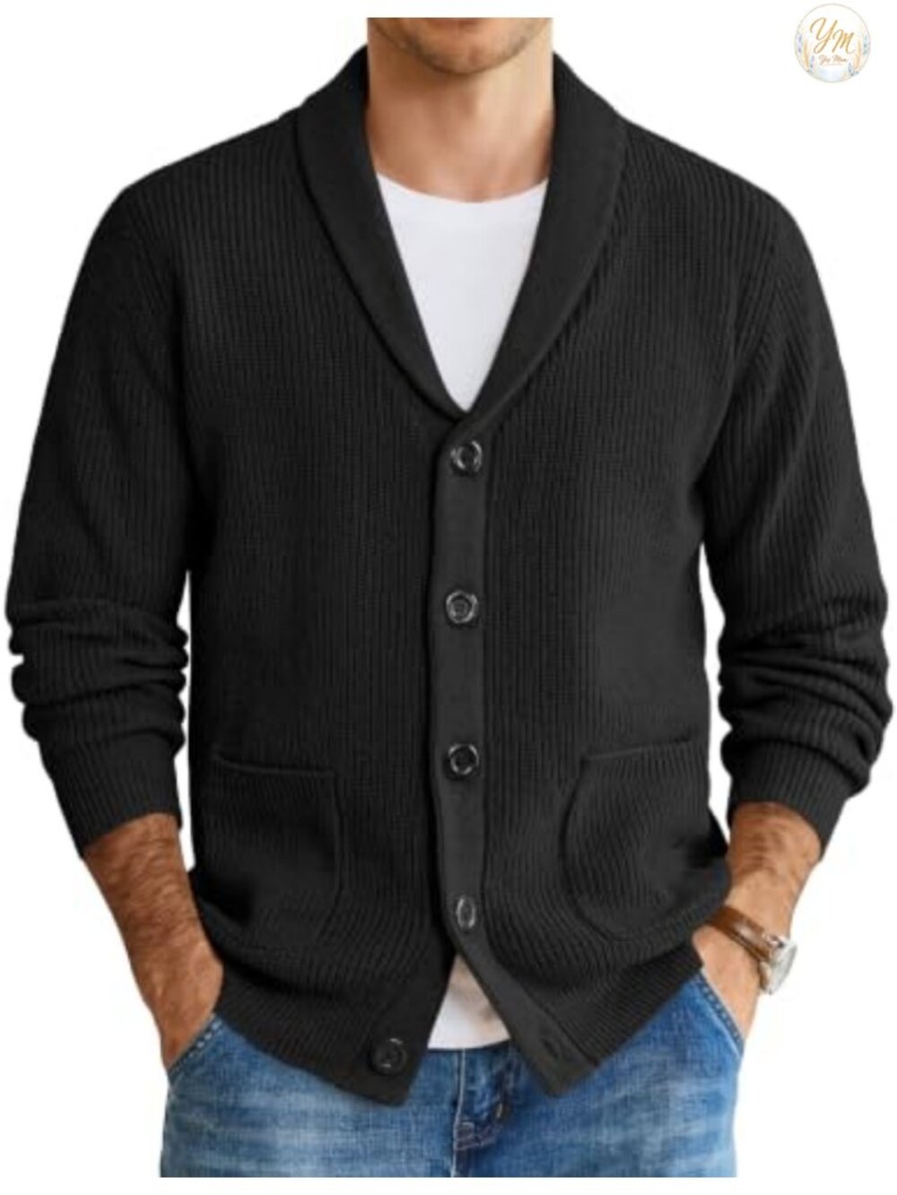 Men's Shawl Collar Cardigan Sweater Button Up Cable Knit with Pockets
